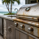 Outdoor kitchen rust covering a stainless steel built-in grill near a coastal patio