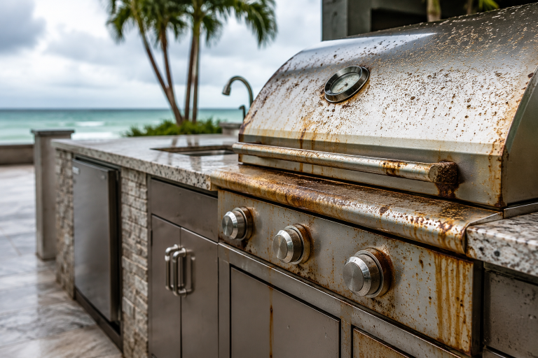 Outdoor kitchen rust covering a stainless steel built-in grill near a coastal patio
