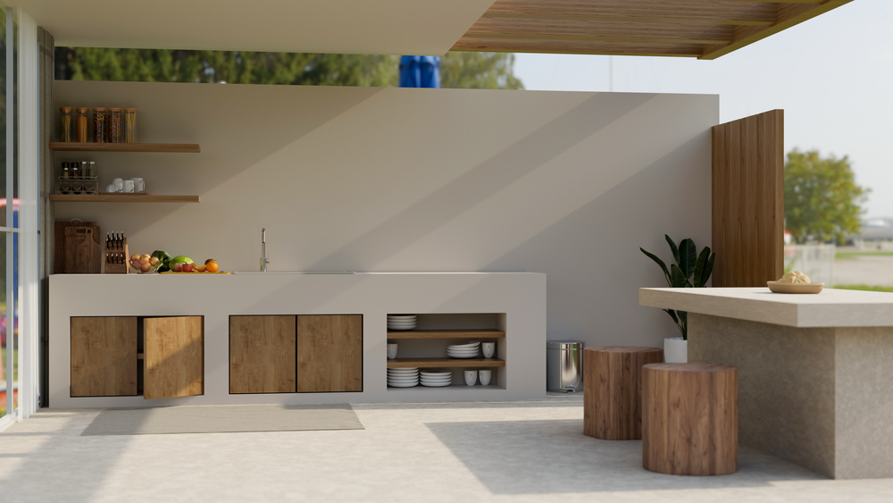 Modern covered patio featuring wood cabinetry, a sink, bar seating, and integrated outdoor kitchen appliances.
