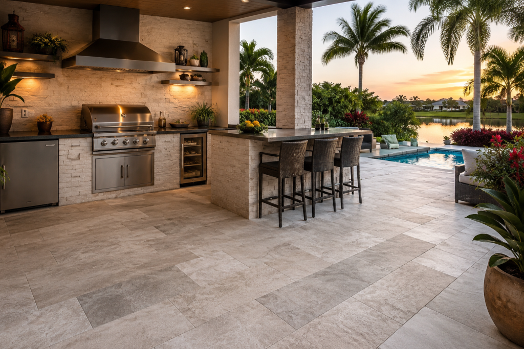 Outdoor kitchen flooring Florida with stone tile, built-in grill, bar seating, and poolside entertaining area